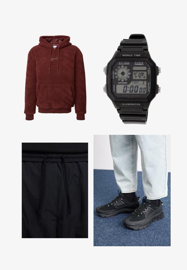 Barna bolyhos kapucnis pulóver puha, textúrált felülettel, zsinóros kapucnival, elülső zsebbel és bordázott mandzsettákkal valamint aljjal. A mellkason logó található.; Fekete rövidnadrág, húzózsinórral ellátott derékrésszel, könnyű anyagból, sima felszínen, egyszerű dizájnnal, látható logók vagy minták nélkül.; Fekete sportcipők texturált anyaggal és gumitalppal, elasztikus fűzőkkel és kék kiegészítővel a saroknál. Világos farmernadrággal viselve.; Digitális karóra fekete gumiszíjjal, jól látható téglalap alakú tokjával és lencséjével. Időt, világidőtérképet mutat, és gombokkal rendelkezik az ébresztő és a fény funkciókhoz.