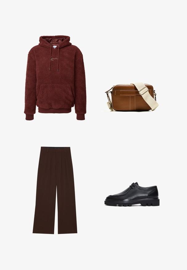 Felpa con cappuccio marrone in pile, con una superficie morbida e testurizzata, cappuccio con cordino, tasche frontali e polsini e orlo a coste. Presenta un logo sul petto.; Pantaloni larghi marroni con pieghe. Realizzati in un tessuto liscio, presentano una vita sagomata e tasche laterali. Orlo piatto in fondo.; Scarpe in pelle nera con punta rotonda, dettagli cuciti e suola spessa e robusta con scanalature distintive. Design semplice con lacci.; Borsa a tracolla in pelle marrone con cuciture bianche, forma rettangolare, chiusura con zip e tracolla regolabile beige. Presenta due tasche anteriori.