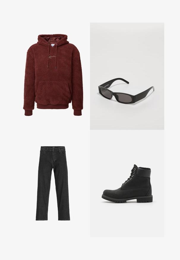 Brauner Fleece-Hoodie mit einer weichen, strukturierten Oberfläche, einer Kapuze mit Kordelzug, einer vorderen Tasche und gerippten Bündchen und Saum. Mit einem Logo auf der Brust.; Schwarze Jeans aus Denim mit geradem Bein, ausgestattet mit einem Reißverschluss, Gürtelschlaufen und sechs Taschen, gefertigt aus einem robusten Baumwollmischgewebe.; Schwarze Knöchelstiefel aus Wildleder mit Gummisohle, ausgestattet mit metallischen Ösen, Schnürsenkeln und einem weichen Kunstfellkragen am oberen Rand.; Schwarze rechteckige Sonnenbrille mit dunklen Gläsern, einem glatten Kunststoffrahmen und einem dezenten Logo am linken Bügel. Minimalistisches Design.