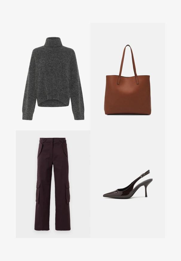 Mørkegrå, lodden turtleneck genser med en avslappet passform og senkede skuldre. Myk tekstur og cropped nederkantsdetalj. Ingen synlige lukkinger.; Mørkeblå rette ben cargo bukser med klaffelommer på sidene, skrå frontlommer og beltehemper i livet.; Slingback høyhælte sko i blankt mørkebrunt patentlær, spiss tå, åpne sider og justerbar ankelrem.; Brun lær tote veske med en jevn tekstur, åpen toppdesign og to skulderstropper. Har minimal søm og ingen synlige spiker.