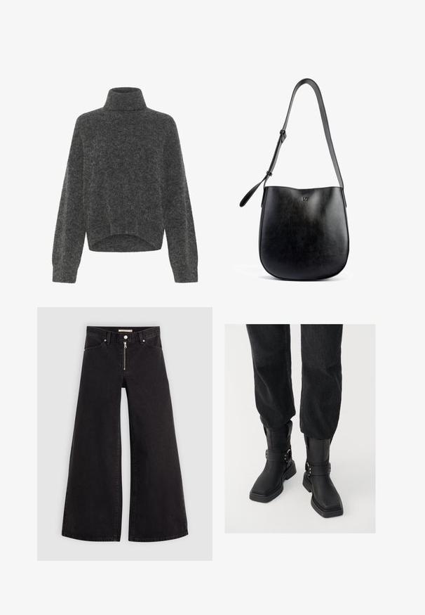 Tumši pelēkā, pūkaina turtleneck džemperis ar brīvu piegulumu un nokritušām plecu šuvēm. Mīksta tekstūra un saīsināts apakšmalas dizains. Nav redzamu aizdaru.; Platas kājas džinsi melnā džinsa audumā ar rāvējslēdzēju priekšā, piecu kabatu dizains un smalkas šuvju detaļas. Gluda tekstūra un ikdienišķs stils.; Melnas ādas potīšu zābaki ar kvadrātveida purngalu, ar plašu jostu un metāla sprādzi. Zābakiem ir masīva zole un gluda virsma.; Melnas ādas rokassoma ar gludu tekstūru, izliekta forma, regulējama siksna un diskretski reljefs logo priekšpusē.