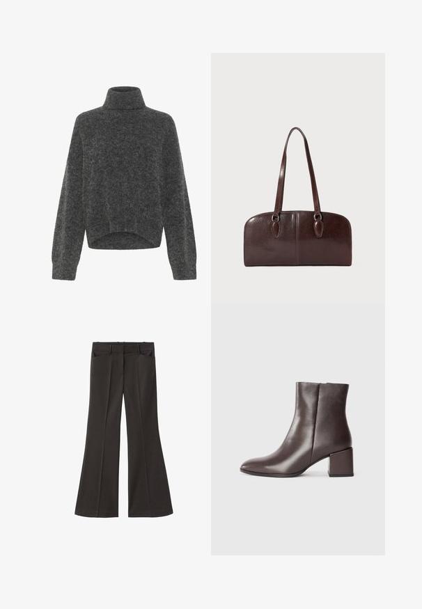 Dunkelgrauer, flauschiger Rollkragenpullover mit lockerer Passform und überschnittenen Schultern. Weicher Stoff und verkürzter Saum. Keine sichtbaren Verschlüsse.; Schwarze, weit geschnittene Hosen mit hoher Taille; verfügt über zwei Fronttaschen und eine glatte Stoffoberfläche. Geeignet für verschiedene Anlässe.; Braune Leder-Ankle-Boots mit einem eleganten Design, spitzer Zehenform und quadratischem Blockabsatz. Glatte Textur und minimalistisches Profil.; Braune Ledertasche mit zwei langen Tragegriffen, einer strukturierten rechteckigen Form, glatter Textur und abgerundeten Kanten. Besitzt Akzentdetails an den Griffen.