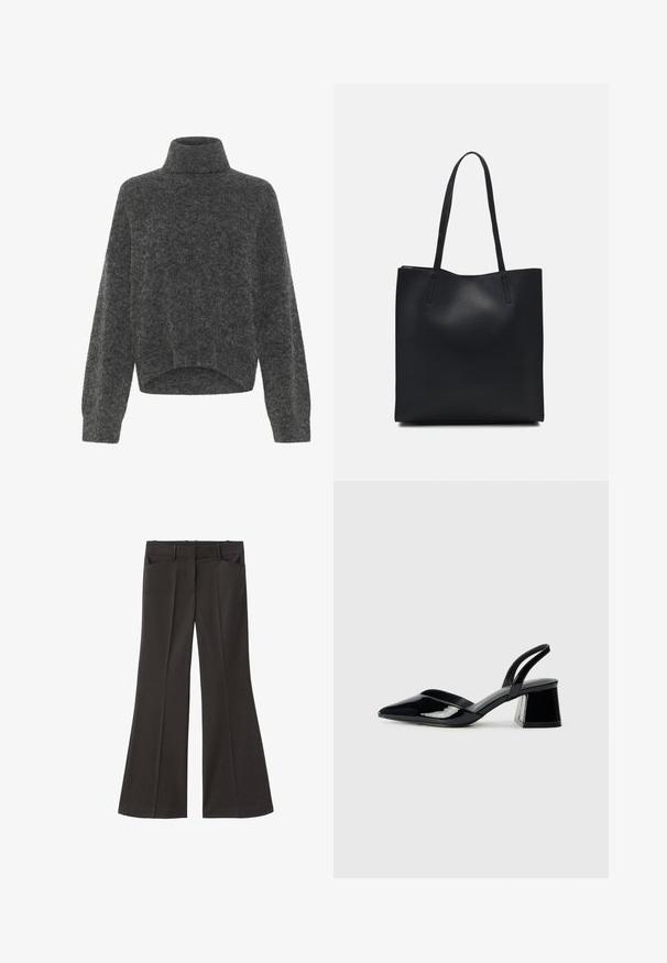 Pulover turtleneck de un gri închis, moale, cu o croială lejeră și umeri căzuți. Textură fină și detalii cu un tiv scurt. Fără închizători vizibile.; Pantaloni evazați negri, cu talie înaltă; au două buzunare frontale și o textură de stofă netedă. Potriviți pentru diverse ocazii.; Pantofi cu toc slingback din piele lacuită neagră, cu vârf ascuțit și toc geometric. Prezintă un design elegant, minimalist și o textură netedă.; Geantă tote neagră din piele, cu textură netedă, formă rectangulară și două mânere lungi. Fără hardware vizibil sau ornamente.