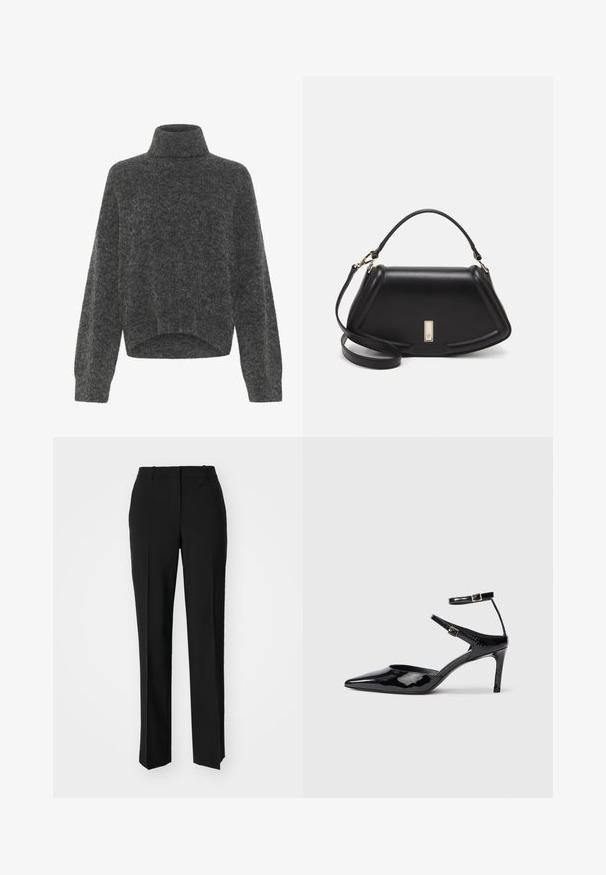 Dark gray, fuzzy turtleneck sweater with a relaxed fit and dropped shoulders. Soft texture and cropped hem detail. No visible fastenings.; Black tailored trousers with a straight-leg design, featuring a smooth texture and crisp creases along the front. No visible hardware.; Black patent leather heels with a pointed toe, adjustable ankle straps, and a slender heel. Smooth texture with a shiny finish.; Black leather handbag with a structured design, featuring a cropped shape, top handle, and gold hardware accent. Adjustable shoulder strap included.