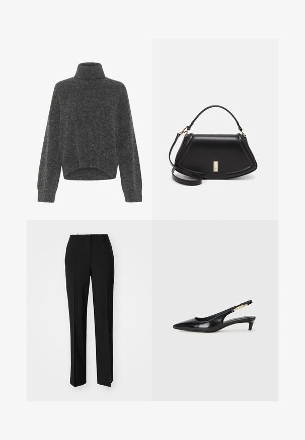 Suéter de cuello alto de lana gris oscuro, esponjoso, con un ajuste relajado y hombros caídos. Textura suave y detalle de dobladillo recortado. Sin cierres visibles.; Pantalones negros ajustados con un diseño de pierna recta, que presentan una textura suave y pliegues nítidos en el frente. Sin herrajes visibles.; Tacones negros de piel sintética tipo slingback con punta afilada, que cuentan con un tacón delgado y un detalle en tono dorado en la correa ajustable. Textura suave.; Bolso de mano de cuero negro con un diseño estructurado, que presenta una forma recortada, asa superior y acentos en dorado. Correa de hombro ajustable incluida.