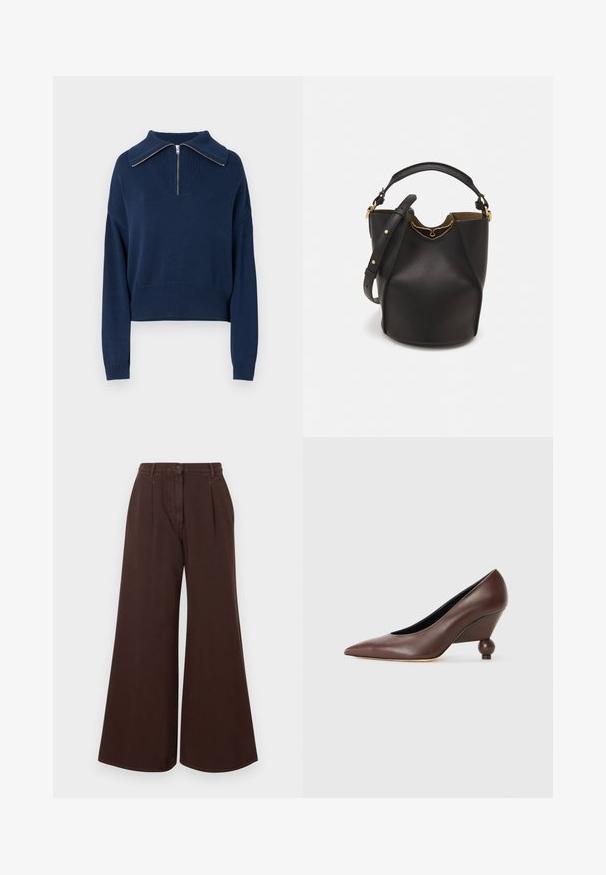 Tengerészkék kötött pulóver cipzáras nyakkal és széles gallérral, amely textúrázott mintával és bordázott aljjal és ujjak végekkel rendelkezik.; Magas derekú, bő szárú barna nadrág gombos és cipzáras záródással, övhurkokkal és elülső pliszékkel.; Barna bőr wedge pumpa hegyes orral és kerek, gömb alakú sarokkal. Simább textúrájú, egyszerű dizájnnal és minimális díszítéssel.; Fekete bőr vödör táska texturált felülettel, arany hardware részletekkel és nyitott tetejével. Rövid fogantyúval és állítható vállpánttal rendelkezik.