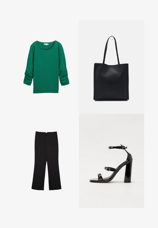 Sweatshirt verde con texture, maniche lunghe arricciate, scollatura rotonda e polsini a coste. Presenta una finitura in tessuto liscia e morbida.; Pantaloni neri a gamba dritta, con tasche frontali e spacchi laterali all'orlo. Realizzati in tessuto morbido e liscio. Adatti a diverse occasioni.; Sandali con tacco in vernice nera, con punta squadrata, cinturini alla caviglia e fibbie in argento. Presentano un tacco a blocco spesso per maggiore stabilità.; Borsa tote in pelle nera con texture liscia, forma rettangolare e due manici lunghi. Nessun hardware o decorazione visibile.