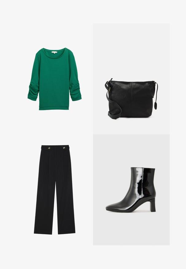 Sweatshirt verde con texture, maniche lunghe arricciate, scollatura rotonda e polsini a coste. Presenta una finitura in tessuto liscia e morbida.; Pantaloni neri a gamba larga con vita alta, dettagli con bottoni in vita e pieghe frontali.; Stivaletto in pelle verniciata nera con punta a punta e tacco a blocco di altezza media. Texture liscia e design minimalista.; Borsa a tracolla in pelle nera con forma piatta, dettagli in metallo dorato e tracolla regolabile. Texture liscia con dettagli di cucitura minimi.