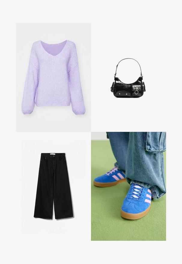 Pulover tricotat lila cu decolteu în V, umeri lăsați și mâneci lungi. Materialul este moale, texturat și ușor lejer.; Bershka WIDE-LEG - Wide leg - black; Pantofi din piele întoarsă albaștri cu dungi roz și șireturi albe, având o talpă din cauciuc gumat, asortați cu pantaloni din denim largi pe o suprafață verde.; Geantă de mână din piele lăcuită neagră, cu o formă curbată, un umăr, buzunare frontale și accente din metal argintiu.