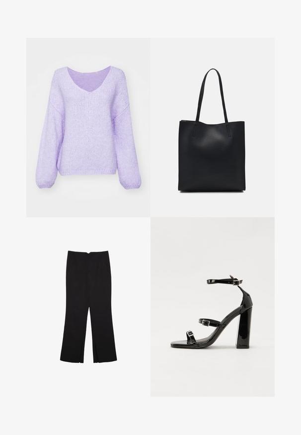 Lila pletena pulover s V-izrezom, spuštenim ramenima i dugim rukavima. Materijal je mekan, teksturiran i blago prostran.; Crne hlače ravnog kroja, s prednjim džepovima i bočnim prorezima na rubu. Izrađene od mekog i glatkog materijala. Pogodne za razne prigode.; Crne lakirane sandale na visoku petu s dva remena s kopčama, kvadratnim vrhom i masivnom blok petom, s glatkom, sjajnom teksturom.; Crna kožna torba za nošenje s glatkom teksturom, pravokutnim oblikom i dvije duge ručke. Nema vidljivih metalnih dijelova ili ukrasa.