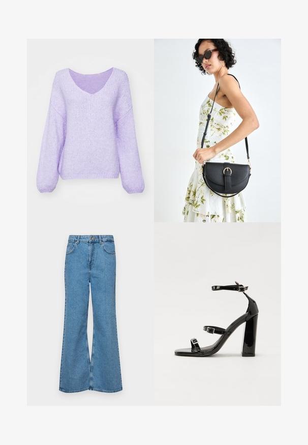 Lila pletena jopica z V-izrezom, spuščeni rameni in dolgimi rokavi. Material je mehak, teksturiran in rahlo ohlapen.; Svetlo modri razširjeni džins hlače iz denima, z visokim pasom, petimi žepi in enim gumbom za zapiranje. Mehka tekstura z blagim zbledelim videzom.; Črne lakirane sandale s peto, kvadratnim prstom, trakovi okrog gležnja in srebrnimi zaponkami. Opremljene so s stabilno Debelo peto.; Črna usnjena torbica s ukrivljeno obliko, z odstranljivo naramnico in zlatimi dodatki. Torbica ima pokrov s podrobnostmi v obliki zaponke.