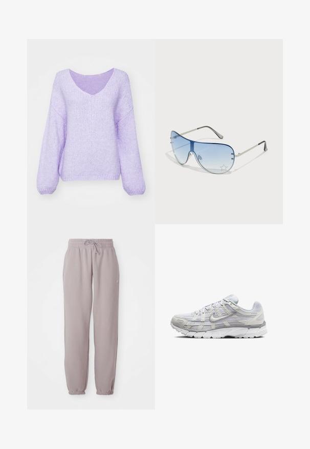 Lila kötött pulóver V-nyakkal, leeresztett vállakkal és hosszú ujjal. Anyaga puha, struktúrált és enyhén lazán illeszkedik.; Világos mauve színű bolyhos melegítőnadrág, rugalmas derékpánttal, zsinórral, oldalsó zsebekkel és rugalmas mandzsettákkal, fehér háttér előtt laposan elhelyezve.; Világosszürke sportcipők, hálós és szintetikus felső résszel, fűzős zárással, párnázott bokával és texturált talppal a tapadás érdekében.; Pilóta napszemüveg, melynek áttetsző kék lencséje, ezüst fém kerete és díszes csillag díszítések találhatók a lencsén. Simogató és elegáns dizájn.