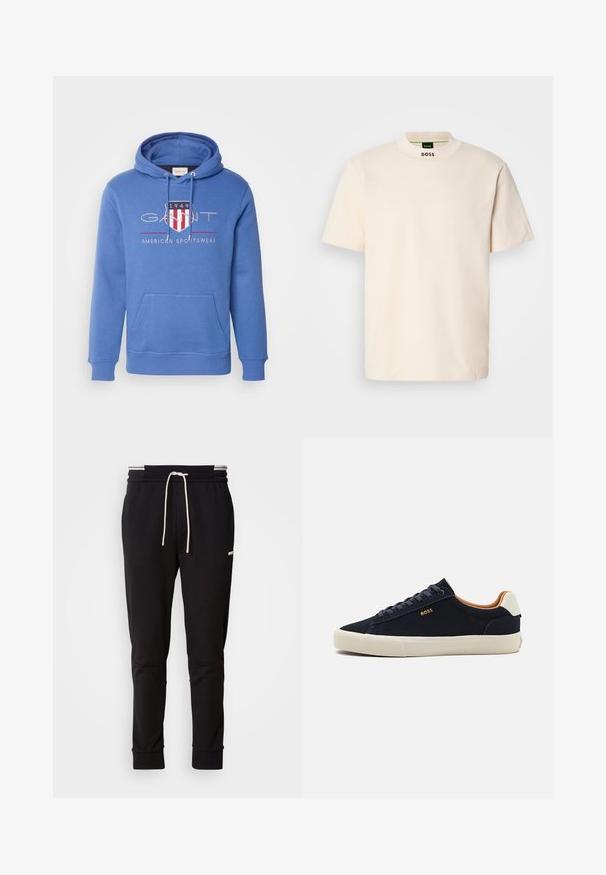 GANT ARCHIVE SHIELD - Felpa con cappuccio - rich blue; Maglietta a maniche corte color crema con colletto alto, con la scritta "BOSS" stampata in nero sulla parte anteriore del collo e sull'etichetta interna.; Pantaloni jogger slim-fit neri con cordoncino bianco, polsini a coste e logo discreto sulla coscia contro uno sfondo uniforme.; Sneakers bassi in suede blu navy con suola beige, interno in contrasto color cammello e dettaglio del logo sul lato esterno. Dotati di lacci tondi e texture liscia.