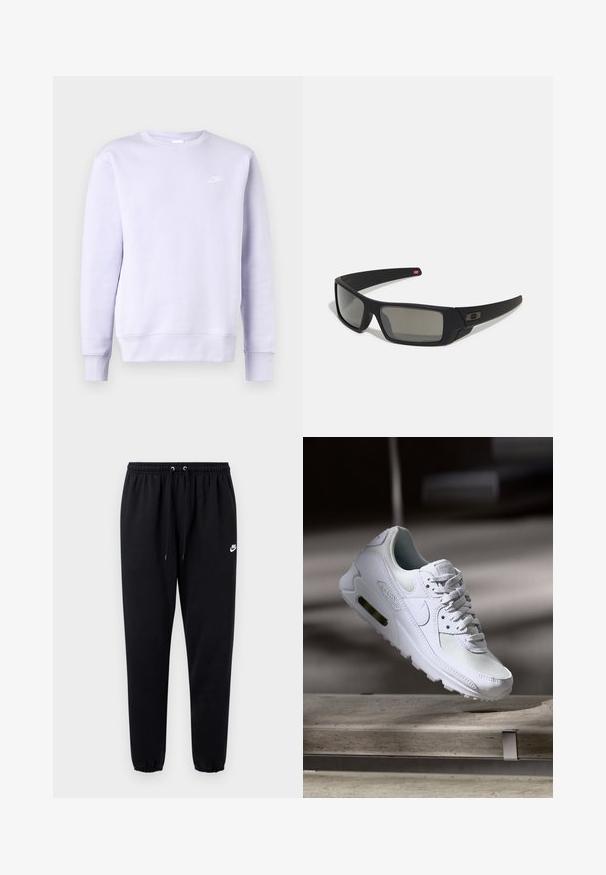 Világoslila pulóver, puha anyagból készült, klasszikus kerek nyakkivágással, hosszú ujjal és kis fehér Nike logóval a mellkason.; Fekete pamutkeverék melegítőnadrág, rugalmas derékkal és zsinórral, passzos szárakkal és egy kis fehér logóval az oldalon.; Fehér Nike Air Max 90 sneaker, amely hálós és bőr felsőrésszel, perforált orr-résszel és látható légpárnás egységgel rendelkezik a saroknál.; Fekete napszemüveg matt felülettel, téglalap alakú lencsékkel, enyhe ívvel a templomokon, diszkrét logó részlettel és füstszínű lencsékkel.