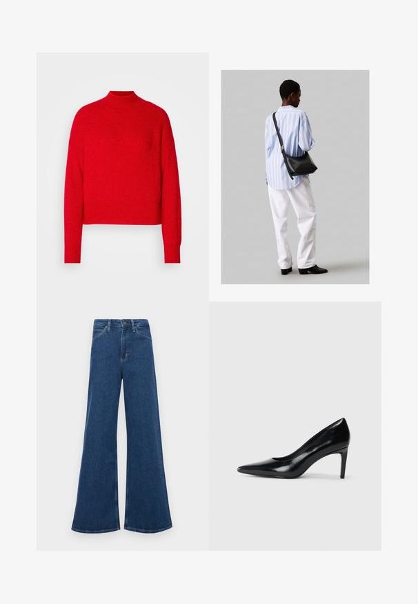 Sarkan, īss svīteris ar augstu apkakli, garām piedurknēm un ribotu malu. Izgatavots no mīksta, strukturēta materiāla, bez rakstiem un ar vienmērīgu krāsu.; Zilas džinsas flared bikses ar augstu jostasvietu, kas aprīkotas ar piecām kabatām, pogu aizdari un kontrastējošu dūriens uz šuvēm.; Melnas ādas augstpapēžu kurpes ar norādītu purngali, gludu tekstūru un šauru papēdi. Minimālistisks dizains, bez papildu rotājumiem.; Melna ādas plecu soma ar mīkstu tekstūru, trīsstūra formu un regulējamu siksnu, apvienota ar gaiši zilu svītrotu krekli un baltām biksēm.