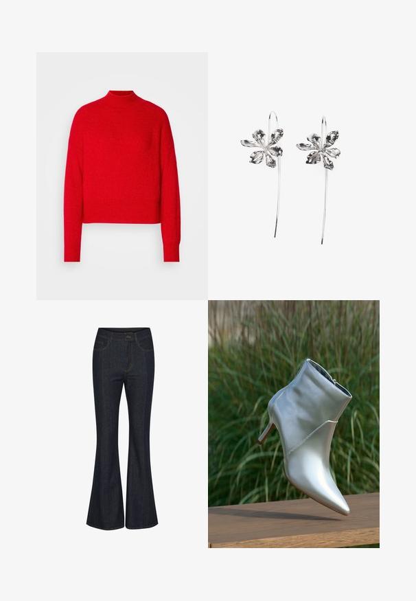 Piros, rövidre vágott pulóver magas nyakkal, hosszú ujjal és bordás végződéssel. Puha, texturált anyagból készült, egyszínű, minta nélkül.; Sötétkék, bővülő szárú farmernadrág. Elülső zsebekkel, látható varrással és gombos derékzárral rendelkezik. Sima textúra.; Fényes ezüst magassarkú bokacsizma hegyes orral és cipzárral, egy fából készült felületen egyensúlyozva, zöld fű háttér előtt.; Ezüst virágformájú fülbevalók, texturált felülettel, hosszú akasztókkal és szirmokra hasonlító részletekkel az összetett dizájn érdekében.