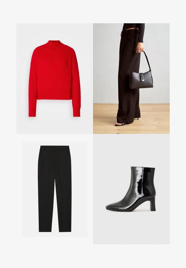 Punainen, lyhythihainen neulepaita, jossa on korkea kaulus, pitkät hihat ja ribbireuna. Valmistettu pehmeästä, teksturoidusta materiaalista, joka on yksivärinen ilman kuvioita.; Musta housut, joissa on räätälöity muotoilu, sivutaskut ja suora lahje. Valmistettu sileästä, kevyestä kankaasta, jossa on tyylikkäät pinnat.; Musta patenttilakattu nilkkuri, jossa on terävä kärki ja keskipitkä lohkarekorko. Silkkinen pinta ja minimalistinen muotoilu.; Musta käsilaukku, jossa on rakenteellinen muoto, sileä pinta ja metallinen solki. Yhdistetty leveisiin mustiin housuihin ja avonaiheisiin sandaaleihin puulattialla.