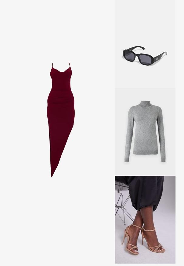 Gray turtleneck sweater made of soft material, featuring long sleeves, ribbed cuffs, and a fitted design with a smooth texture.; Burgundy fitted dress with spaghetti straps, featuring a side slit and ruched detailing at the waist, made of stretchy fabric.; Beige heeled sandals with crystal embellishments, featuring an open toe, thin straps, and a sleek silhouette.; Black sunglasses with an octagonal frame, dark lenses, glossy plastic material, and a silver logo accent on one side.; Michael Kors wristlet in beige coated canvas featuring a repeating MK logo pattern, gold hardware, and a detachable chain strap.; Gold metallic earrings with a wavy design; smooth, reflective surface; asymmetric shape; no visible patterns or hardware.