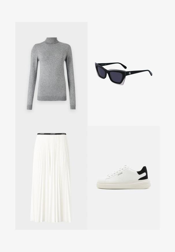 Šedý rolák vyrobený z měkkého materiálu, s dlouhými rukávy, žebrovanými manžetami a přiléhavým střihem s hladkou texturou.; Záhybová bílá sukně s černým elastickým pasem s logem "LACOSTE". Suška je střední délky a má jemnou texturu.; Bílé kožené tenisky s tlustou bílou podrážkou, černým semišovým akcentem na patě a vyraženým logem na boku. Šněrovací design se šesti očka.; Černé oversized sluneční brýle geometrického tvaru, s tmavými skly a kontrastním šedým detailem na rámu. Logo na rameni.