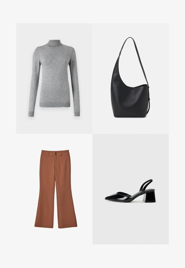 Grå polotröja i mjukt material, med långa ärmar, ribbade muddar och en figurnära design med en slät textur.; Bruna, utställda byxor gjorda av mjukt tyg. Innehåller två framknappar och har en slät textur utan synliga mönster eller dekorationer.; Svarta lackläder slingback klackar med spetsig tå och geometrisk klack. Har en elegant, minimalistisk design och slät yta.; Svart läder hobo-väska med en slät textur, kurvig form och en justerbar axelrem; har en bred öppning upptill.