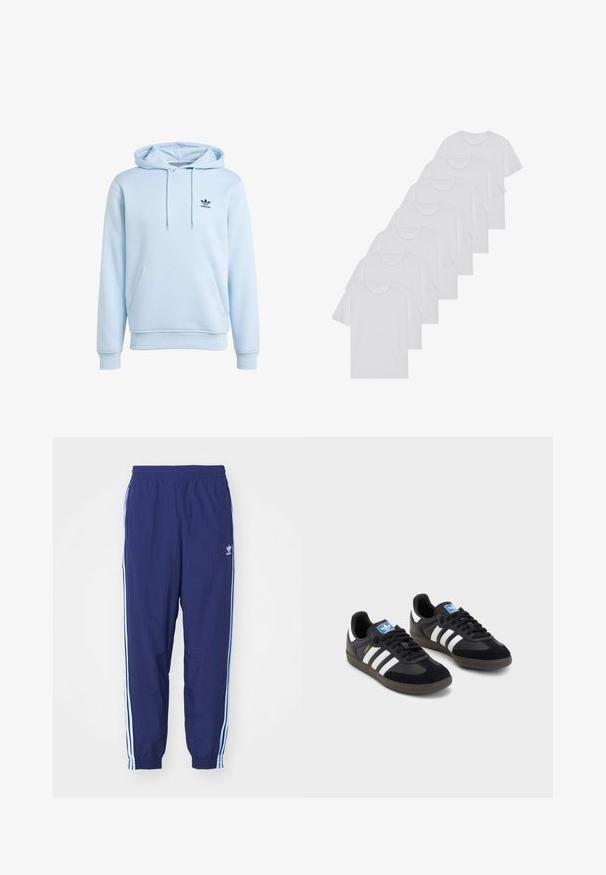 Svijetloplava Adidas dukserica s kapuljačom koja ima prednji kengurulasti džep, kapuljaču s navlačenjem i mali crni logo na prsima. Mekani materijal i rebrasti manžeti.; Bijele pamučne majice, kratki rukavi, dizajn s okruglim izrezom, jednostavne teksture, složene u red, s suptilnim brendiranjem na izrezu.; Tamnoplave sportske hlače s elastičnom strukom, bočnim džepovima i svijetloplavim prugama duž bočnih strana; izrađene od lagane tkanine.; Crne tenisice s gornjim dijelom od antilopa i sintetičkog materijala, s tri bijele pruge, teksturiranom gumenom potplatom i plavom oznakom na jeziku.