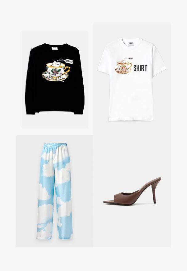Black sweater featuring an embroidered teacup with a tea bag and floral decoration. The design includes a saucer below the cup.; White cotton t-shirt featuring a graphic of a floral teacup with a teabag and the word "SHIRT" in bold black letters.; Sky blue pants featuring a cloud pattern, made of smooth fabric, with an elastic waistband and wide legs. No visible pockets or hardware.; Brown leather open-toe high-heeled mules with a sleek design, featuring a wide front strap and a slender stiletto heel.