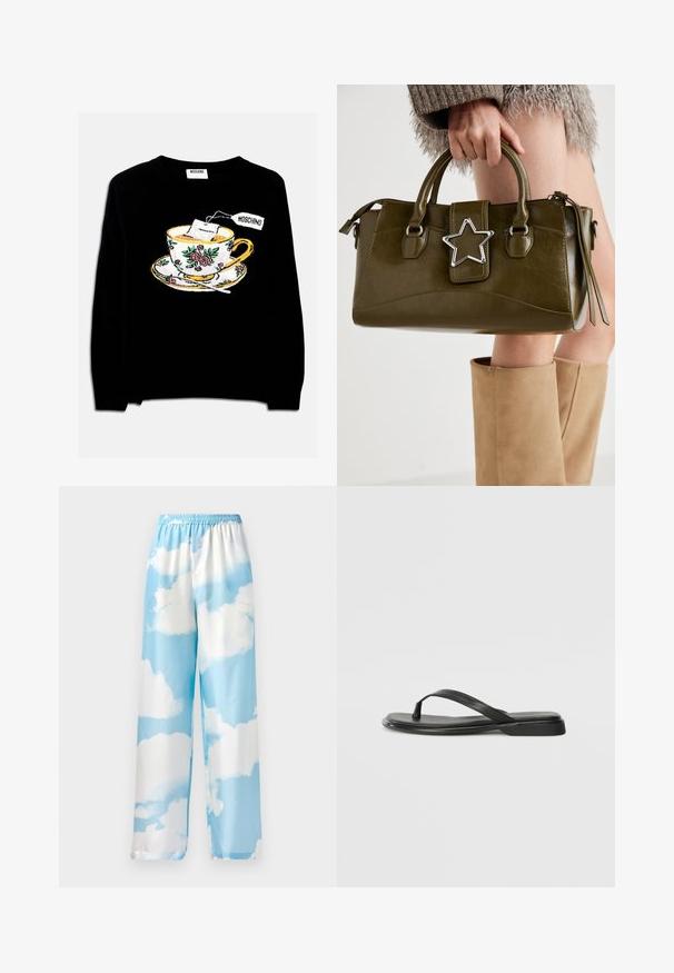 Pull noir avec une tasse à thé brodée, accompagnée d'un sachet de thé et de décorations florales. Le design comprend une soucoupe sous la tasse.; Pantalon bleu ciel avec un motif de nuages, fabriqué en tissu lisse, avec une taille élastique et des jambes larges. Pas de poches ni de matériel visible.; Tongs noires en cuir lisse, avec un design de sangle fine et une semelle plate à profil minimal. Aucun motif ou accent notables.; Sac à main en simili cuir vert olive avec accent étoilé argenté, deux poignées et fermeture éclair. Surface texturée et forme structurée.