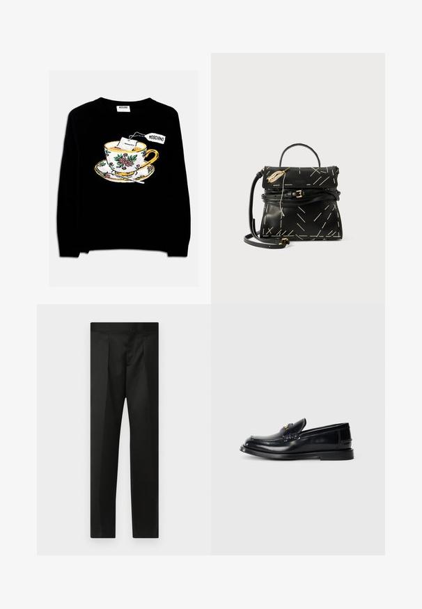 Czarny sweter z haftowanym wzorem filiżanki z torebką herbaty i dekoracją kwiatową. Wzór zawiera spodek poniżej filiżanki.; Czarne spodnie wykonane z gładkiego materiału, z dopasowanym krojem, prostymi nogawkami oraz płaskim pasem bez widocznych zapięć lub kieszeni.; Czarne skórzane loafersy z wyszywaną konstrukcją, małym przednim klapkiem i płaską gumową podeszwą. Gładka tekstura z akcentami w kolorze złota.; Czarna skórzana torebka z geometrycznym białym przeszyciem, z górnym uchwytem i odczepianym paskiem na ramię. Posiada złote akcenty i zamek błyskawiczny.