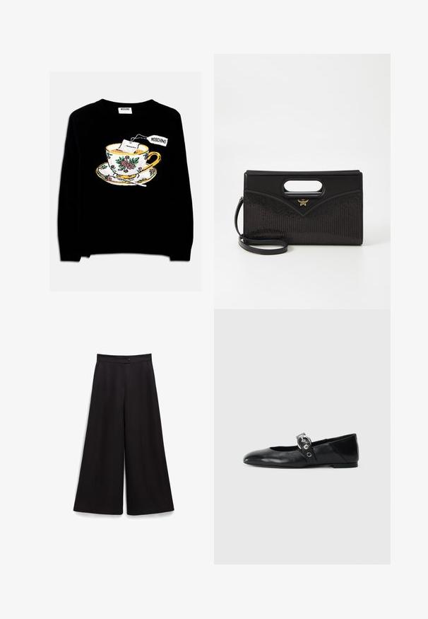 Zwarte trui met een geborduurde theekop met een theezakje en bloemdecoratie. Het ontwerp omvat een schotel onder de kop.; Zwarte wijde broek met een gladde textuur, een knoopsluiting bij de taille en een relaxte pasvorm. Geen zichtbare patronen of accenten.; Zwarte leren balletschoenen met een spitse neus, voorzien van een band met een ronde metalen gesp en een platte zool.; Zwarte handtas met een gestructureerde vorm, voorzien van een bovenhandgreep, een soepele leren buitenkant en een textiel met gestructureerde stof en gestreepte patronen. Accenten van goudkleurig hardware.