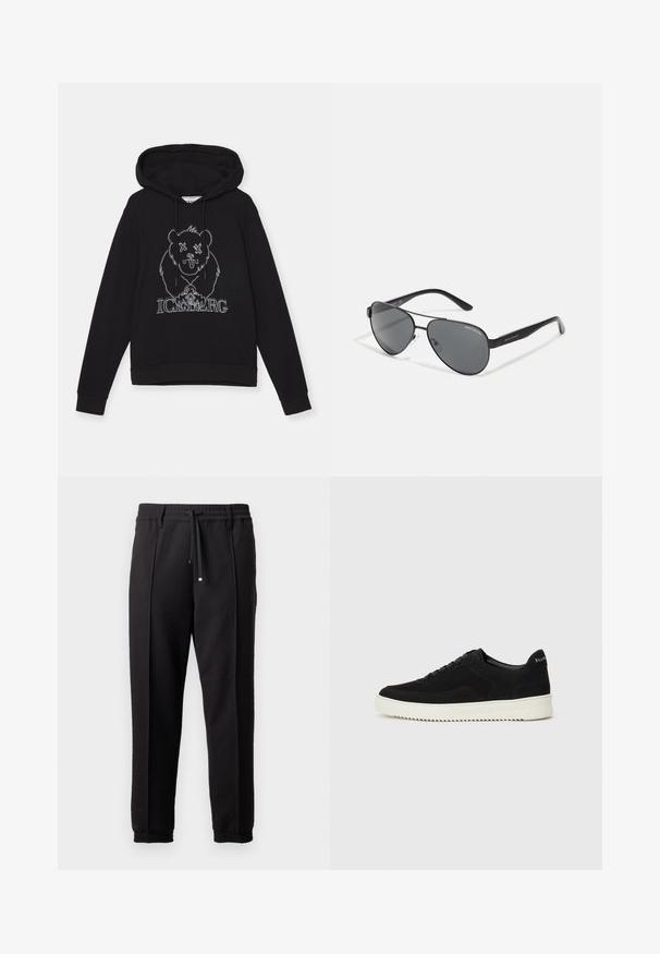 Iceberg FELPA - Sweatshirt - nero; Black trousers with a waistband, drawstring, and elastic cuffs. Features pleats and a smooth, textured fabric.; Black suede sneaker with lace-up design and contrasting white rubber sole. Features textured side panels and subtle branding on the heel.; Black aviator sunglasses with dark lenses, thin metal frame, and slender plastic arms featuring logo accents.
