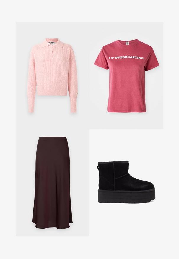 Vaaleanpunainen, ribbikuvioinen neulepaita, jossa on kauluksellinen kaula ja kolme napin läppää. Pitkät hihat ja lyhennetty malli. Tunnusompelu hihassa.; Bordeaux-punainen puuvillainen t-paita lyhyillä hihoilla, jossa on valkoista tekstiä, joka lukee "I ♥ OVERREACTING" rinnassa. Yksinkertainen, pyöreä kaula-aukko.; Burgundy satiini midi-hame, jossa on sileä pinta, suora leikkaus ja hieman levenevä helma. Ei näkyviä kuvioita tai varusteita.; Musta mokkanahka nilkkaboots paksulla platform-pohjalla ja pehmeällä vuorilla. Viimeistelty ompeluaksenteilla ja takana olevan vetolenkin avulla helppoa pukemista varten.