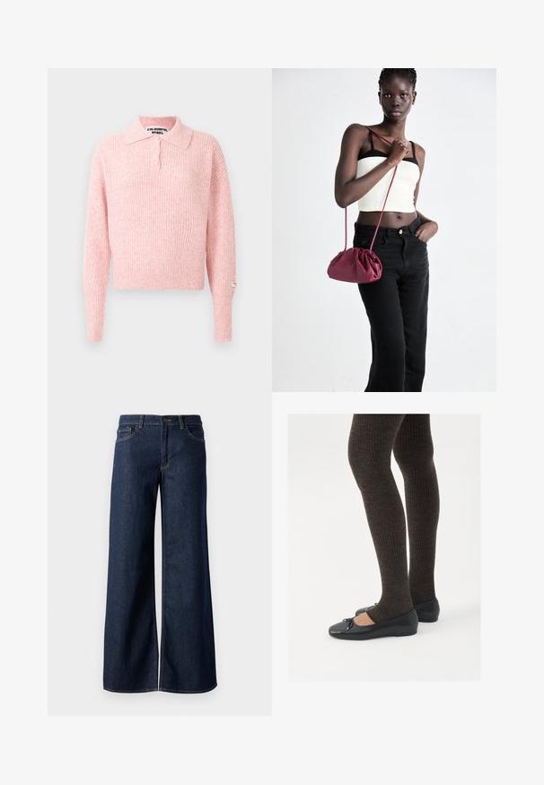 Rosa, ribbet genser med krage og tre knappelukking. Lange ermer og cropped passform. Merket sydd på ermet.; Vide benbukser i mørkeblå denim. Har kontrastsøm, fem lommer og en knaplukning i taljen. Glat tekstur.; Sorte flate sko med en liten sløyfedetalj på tåen, kombinert med mørkebrune ribbede strømpebukser. Skoene har en glatt overflate og lav profil.; Burgunderfarget myk stoffhåndveske med en samlet design og en lang stropp, båret som en crossover. Modellen har på seg en hvit crop-top og svarte jeans.