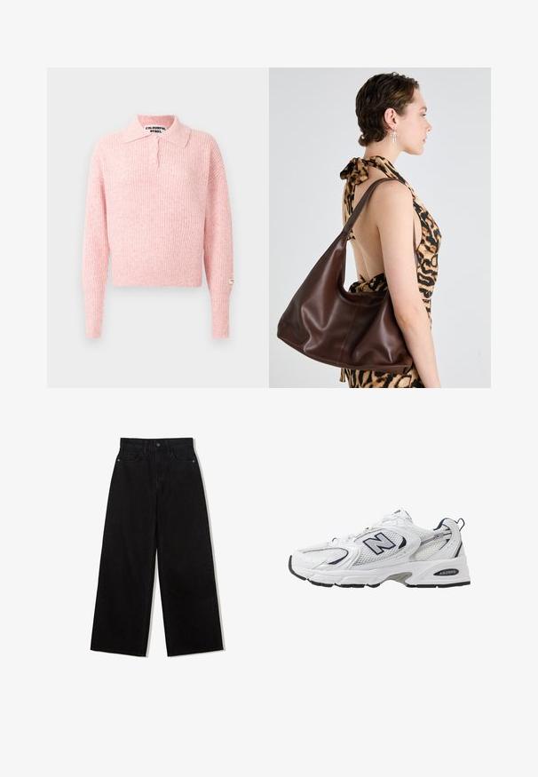Růžový, ribovaný svetr s límečkem a třemi knoflíky. Dlouhé rukávy a zkrácený střih. Štítek prošitý na rukávu.; Černé džínové kalhoty s širokými nohavicemi a vysokým pasem, s pěti kapsami a jedním knoflíkem na přední straně.; Bílé sportovní boty s textilním svrškem, námořnickými akcenty a polstrovanou podrážkou. Obsahují logo "N", tkaničky a texturovaný detail na boku.; Hnědá kožená hobo taška s hladkou texturou, zakřiveným tvarem a jedním popruhem přes rameno, vystavená na neutrálním pozadí.