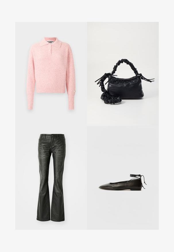 Roze geribbeld truitje met een gekraagde hals en een placket met drie knopen. Lange mouwen en een cropped fit. Label gestikt op de mouw.; Zwarte nepleer flared jeans met voorzakken, een metalen knoopsluiting en een licht gestructureerd oppervlak. Rechte pijpen met een lange snit.; Zwarte leren balletschoenen met een spitse neus, enkelbandje en platte zool, voorzien van een gladde textuur en minimalistisch ontwerp.; Zwarte nepleer handtas met een krokodillenstructuur, opgedroogde bovenkant en een gekreukte hengsel. Het lijkt zacht en compact van ontwerp.