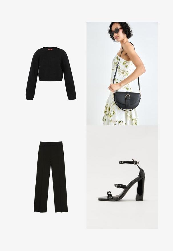Zwart cropped trui gemaakt van textuurstof. Heeft lange mouwen en een ronde halslijn. Minimalistisch ontwerp zonder zichtbare patronen of accenten.; Zwarte wijde pantalon gemaakt van een soepele stof, met een aansluitende tailleband en subtiele plooien aan de voorkant voor extra textuur.; Zwarte patent lederen sandalen met hoge hakken, twee gespenbanden, een vierkante neus en een stevige blokhak, met een gladde, glanzende textuur.; Zwarte leren handtas met een gebogen vorm, afneembare schouderband en gouden hardware. De tas heeft een klep met een gespsluiting.