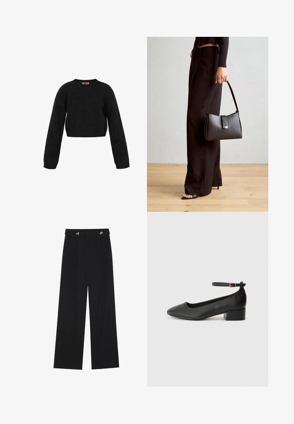 Mustad musta lühikese lõikega sviiter, mis on valmistatud tekstuursetest kangast. Omab pikki varrukaid ja ümarat kaelust. Minimalistlik disain, ilma nähtavate musterite või aktsentideta.; Mustad laiad püksid kõrge vöökoha ja nööpdetailidega vööandil, esikortsudega.; Must mustaapp, millel on terav nina ja madal blokk-kand. Omab pahkluu rihma koos kuldse tooni pandlaga. Sile tekstuur.; Must musta kott, millel on struktureeritud kuju, sile tekstuur ja metallist klamber. Kombineeritud laiate mustade pükstega ja avatud varvaste sandaalidega puidust põrandal.