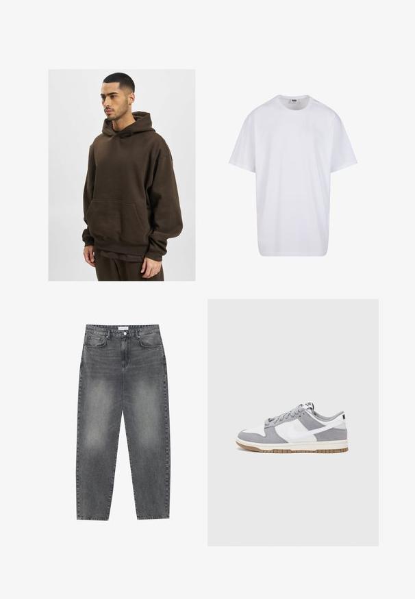 Brun hættebluse lavet af blødt stof, med en stor frontlomme, ribbede manchetter og løs pasform. Simpelt design, ingen synlige mønstre.; Hvid bomulds t-shirt med korte ærmer, rund halsudskæring, afslappet pasform, og ingen synlige logoer eller mønstre. Glat tekstur og minimalistisk design.; Høj talje, løstsiddende jeans i falmet sort denim. Har fem lommer, bæltestropper og et rent, lige ben design.; Grå og hvid sneaker med en overdel i ruskind og læder, rund tå, flade snørebånd og en gummisål med en gummifarvet detalje.