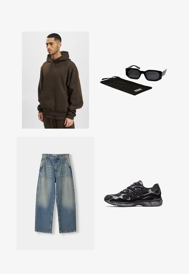 Sweat à capuche marron en tissu doux, avec une grande poche avant, des poignets côtelés et une coupe ample. Design simple, sans motifs visibles.; Jean large en denim bleu clair avec une finition délavée, design à cinq poches et ourlet brut. Il dispose d'une fermeture à bouton et zipper à l'avant.; Chaussure de sport noire avec une tige en mesh et en suède, présentant un design texturé et une semelle grise robuste et rembourrée.; Lunettes de soleil noires avec des montures angulaires surdimensionnées et des verres foncés, accompagnées d'une pochette en microfibre noire avec un logo.