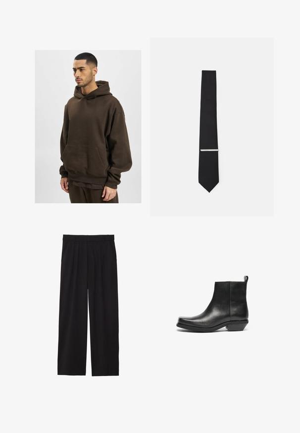 Sweat à capuche marron en tissu doux, avec une grande poche avant, des poignets côtelés et une coupe ample. Design simple, sans motifs visibles.; Pantalons larges noirs avec un devant plissé, des poches latérales et une texture de tissu lisse. Conçus pour un ajustement décontracté.; Bottines en cuir noir avec un bout effilé et un petit talon bloc. Design épuré avec une texture lisse et une languette pour un enfilage facile.; Noeud papillon en tissu lisse, de largeur étroite et orné d'une pince à cravate en argent qui souligne son design.