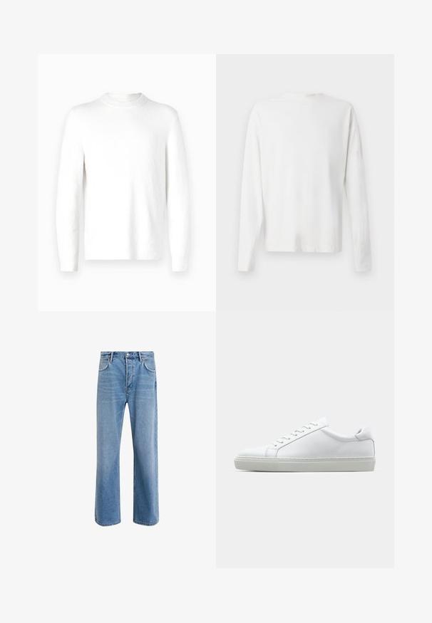 Vit långärmad tröja med strukturerad tyg och rund hals. Designen är minimalistisk utan synliga mönster eller detaljer.; Vit långärmad skjorta i bomull med rund halsringning, sidofickor längst ner och en slät yta, visad bakifrån.; Ljust blå denimjeans med rak passform, fem fickor, knappstängning, minimal blekning och kontrasterande sömdetaljer.; Vit sneaker med en slät läderövre och låg profil. Har en rundad tå, sex snörhål och en strukturerad gummisula.