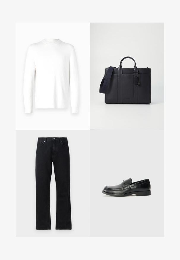 Pull blanc à manches longues avec un tissu texturé et un col rond. Le design est minimaliste sans motifs ni accents visibles.; Jean en denim noir avec une coupe droite, doté d'une fermeture à bouton, d'un style à cinq poches et de détails de couture subtils.; Mocassins en cuir noir à bout rond, avec un design cousu, une petite sangle à l'avant avec des détails en métal et une semelle plate en caoutchouc.; Malette en cuir bleu marine foncé avec deux poignées supérieures et une sangle détachable. Présente une finition texturée, des coutures verticales et un détail de logo.