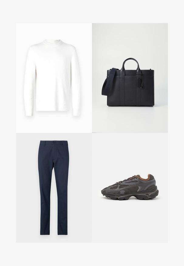Pulover alb cu mânecă lungă, realizat dintr-un material texturat și cu guler rotund. Designul este minimalistic, fără modele sau accente vizibile.; Pantaloni bleumarin cu talie plată, design cu picior drept și închidere cu un singur buton la talie. Material neted, fără modele vizibile.; Adidași Lacoste de culoare gri închis, din material mesh și sintetic, cu o talpă texturată și accente maronii pe guler și branding.; Servietă din piele de culoare albastru închis, cu două mânere superioare și o curea detasabilă. Prezintă un finisaj texturat, cusături verticale și detalii cu logo.