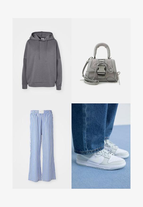 Grå hettegenser laget av mykt stoff, med snorhette, avslappet passform og ribbede mansjetter og hem. Ingen synlige mønstre eller logoer.; Blå- og hvitstripete bukser med en avslappet passform, laget av lett materiale, med elastisk midjebånd og en subtil logoetikett.; Nike-sko i hvit og lys grå lær med perforert tå, flate lisser og gummisåle, sammen med blå denimjeans.; Grå teksturert håndveske med polstret håndtak, nettingdetaljer, justerbar stropp og en frontlås. Kompakt design med rund form.