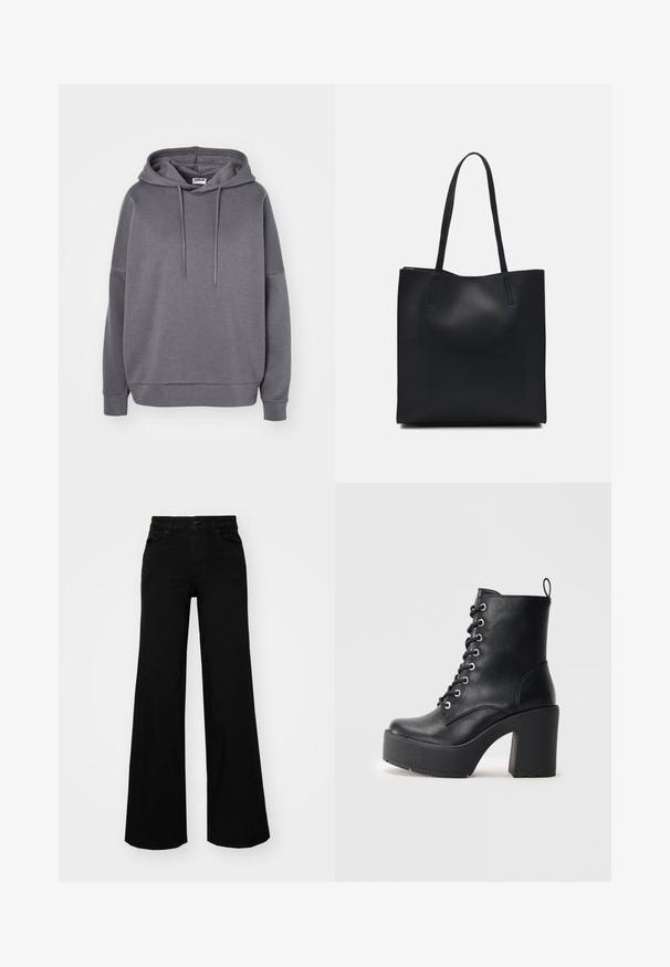 Sweatshirt cinza feito de um tecido suave, com capuz ajustável por cordão, corte solto e punhos e bainha canelados. Sem padrões ou logótipos visíveis.; Calças largas pretas em denim, com uma cintura estruturada, passantes para cinto e bolsos frontais. Textura suave com um design clássico.; Botim de pele preta até ao tornozelo com um salto bloco chunky, frente com atacadores e superfície texturizada. Apresenta uma lingueta na parte de trás para um uso fácil.; Bolsa tote preta em couro com textura lisa, forma retangular e duas alças longas. Sem hardware ou enfeites visíveis.