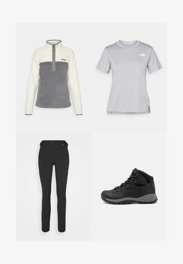 Bélelt pulóver fehér felső résszel és szürke alsó panellel, magas gallérral, patentgombos záródással és logóval a mellkason.; Szürke, rövid ujjú póló, puha, nedvességet elvezető anyagból készült. Kerek nyakú, és egy kis fehér logó található a bal felső részen.; Fekete, testhezálló nadrág rugalmas anyagból. Jellemzők: cipzáras oldalzseb, artikulált térdek és sima felület.; Fekete túracipő közepes magasságú kialakítással, texturált felsőrésszel, szürke részletekkel és strapabíró gumitalppal, amelynek tapadós kiemelkedései vannak.