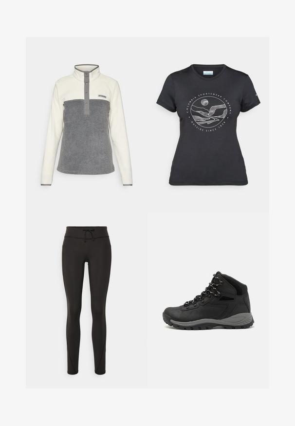 Fleece-pullover med hvit overdel og grå underdel, med høy krage, trykknapplukking og en logo på brystet.; Svart Columbia t-skjorte med hvit sirkulær fjell- og elvlinjekunst og tekst "Columbia Sportswear Company Outside Since 1938."; Svarte leggings med høy midje, snøring, glatt tekstur og tettsittende design. Har søm detaljer langs sidene.; Sorte turstøvler med mid-topp design, som har en teksturert overdel, grå detaljer og slitesterk gummisåle med godt grep.