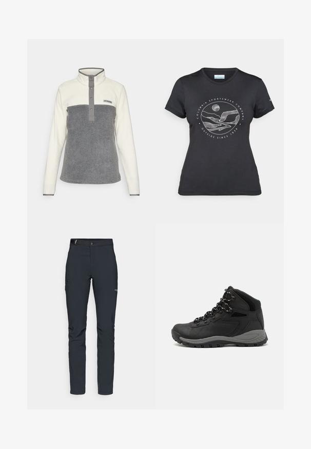 Polarowy pulower z białą górą i szarym dolnym panelem, z wysokim kołnierzem, zapięciem na napy oraz logo na piersi.; Czarny t-shirt Columbia z białą okrągłą grafiką gór i rzeki oraz napisem "Columbia Sportswear Company Outside Since 1938."; Męskie spodnie outdoorowe, ciemnoszare, wykonane z elastycznego materiału, z paskiem, kieszeniami na zamek oraz wzmocnionymi szwami.; Czarne buty trekkingowe z średnim cholewem, z teksturowaną cholewą, szarymi akcentami oraz trwałą gumową podeszwą z wypustkami zapewniającymi przyczepność.