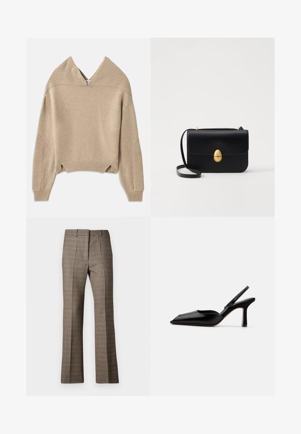 Bēšs adīts džemperis ar dziļu V veida kakla izgriezumu, ribotu tekstūru uz pleciem un aprocēm, kā arī apgrieztu apakšdaļu ar sānu šķēlumiem.; Brūnas četrkrāsainas bikses ar taisnu kāju griezumu, kurām ir teksturēta auduma virsma un maigi beidzamās krāsas, izceļot beigu toni un tumšākas brūnas krāsas caur modeli.; Melnas ādas slingback kurpes ar norādītu purngalu, minimālisma dizainu, plānu potītes jostu un elegantām stiletto papēžiem. Gluda tekstūra.; Melnas ādas rokassomu ar strukturētu taisnstūra formu. Iespējas zelta ovāla slēdzis un plāns plecu siksna. Gluda tekstūra.