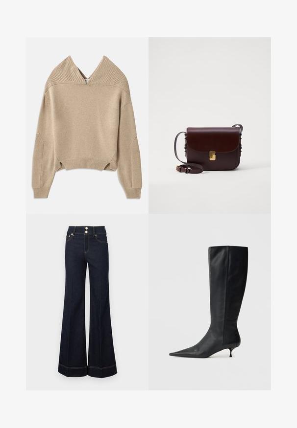 Kreminė megzta palaidinė su giliu V formos iškirpimu, briaunotu paviršiumi ant pečių ir rankogalių, bei trumpu hemu su šoniniais plyšiais.; Tamsiai mėlynos, aukštu liemeniu plačios kojų džinsai su priekinių kišenių, dviem matomais mygtukais ir geltonu siuvinėjimo akcentu.; Juodas odinis iki kelių botas su smailiu pirštu ir siauru kitten kulnu. Lygus paviršius ir minimalistiškas dizainas, be matomų detalių.; Ruda odinė rankinė su sklende, auksinėmis detalėmis ir reguliuojama juosta. Pasižymi glotnia tekstūra ir elegantiška stačiakampio forma.