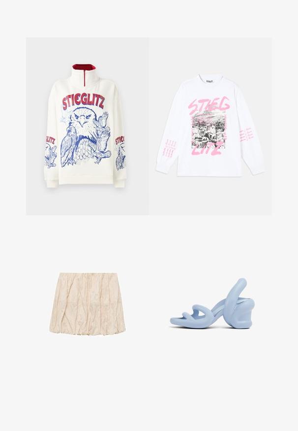 Felpa bianca con collo alto e zip rossa. Presenta una stampa grafica blu di un'aquila e il testo "STIEGLITZ" in rosso e blu.; T-shirt bianca a maniche lunghe con stampa grafica che presenta immagini in bianco e nero e testo rosa, compreso "STIEGLITZ" e frasi ripetute sulle maniche.; Gonna arricciata beige chiaro con vita elastica, realizzata in un morbido tessuto testurizzato e caratterizzata da una silhouette rilassata e svasata. Senza motivi o accenti visibili.; Sandali con tacco di colore azzurro chiaro, realizzati in gomma liscia, caratterizzati da un design scultoreo con cinghie ondulate e un tacco spesso.